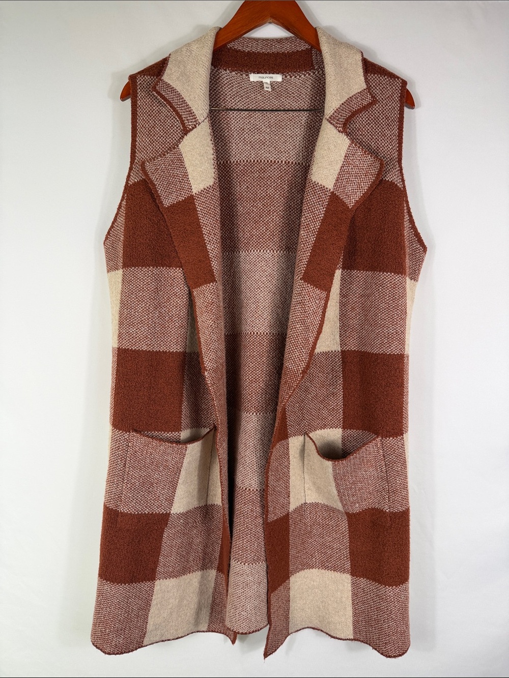 Maurices Rust and Cream Plaid Open-Front Knit Vest. Womens Size M. Long length